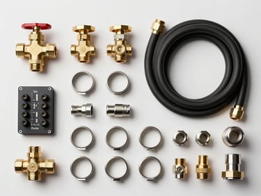 Overhead flat-lay of a complete LPG accessory kit — brass valve, rubber hoses, stainless clamps, emulator module, and fittings arranged in organized rows on a white background under even studio light