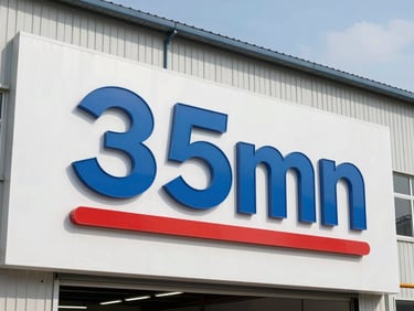 Medium shot of a large, custom-fabricated outdoor sign being installed on a building facade, showing crisp graphics and durable materials, bright daylight, industrial workshop background, crisp details, saturated corporate colors, sharp focus, 35mm lens