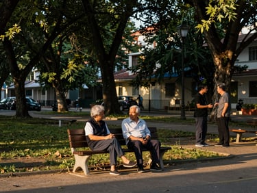 Wide environmental shot of two older adults seated on a bench in a shaded neighborhood parque, golden hour light filtering through trees, a third person standing nearby in easy conversation, real street scene