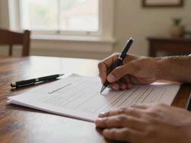 Close-up of hands turning the page of a government form on a dining table, a pen resting nearby, warm afternoon window light, domestic Puerto Rican interior