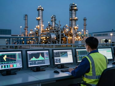 Wide cinematic view of a modern industrial control room, multiple monitoring screens showing complex graphs and refinery status, an engineer in safety vest seen from behind, professional 35mm.