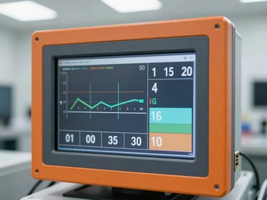 A close-up of a digital calibration screen showing precise numbers and airflow metrics in a clean mechanical room, bright site lighting