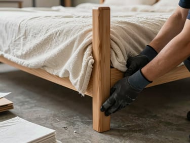 Close-up of gloved hands wrapping a wooden furniture leg with thick moving blanket, natural warehouse light, clean concrete floor visible below, organized packing materials nearby