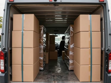 Wide overhead shot inside a moving truck showing neatly stacked cardboard boxes and wrapped furniture secured with straps, natural daylight from open truck doors, clean organized loading sequence visible