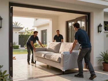 Environmental shot of movers carefully positioning a large sofa through the entrance of a Dubai villa, morning daylight, tiled foyer visible, furniture wrapped in protective padding, steady controlled placement