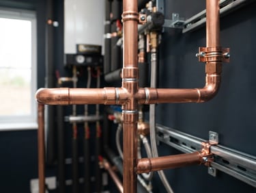 Close-up of pristine copper piping joints with perfect solder lines inside a modern utility room, sharp focus, architectural lighting