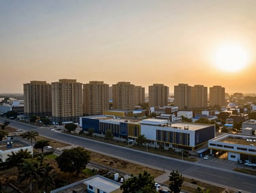 Premium investment land near Kanpur highway, upcoming commercial and residential hub, sunset glow