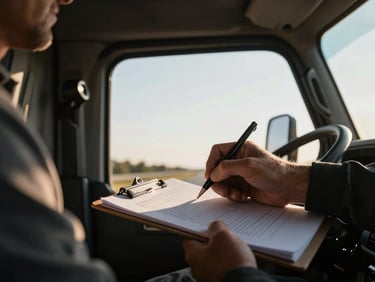 Close-up of a truck driver's hand signing paperwork on a clipboard inside a truck cab, warm cab light, high contrast industrial tones, 35mm lens