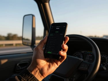 Close-up of a truck driver's hand holding a phone, negotiating rates, with a dashboard in the background, warm cab light, high contrast industrial tones, 35mm lens