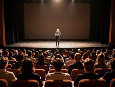 Wide environmental crowd shot from the back of a large auditorium, shallow depth of field, warm low-key lighting focused on a speaker on stage in the distance, dramatic high-contrast atmosphere.