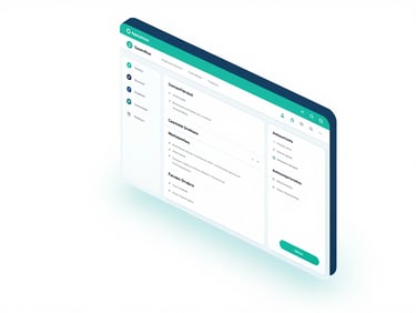 Isometric 3D product render of a clean SaaS dashboard detailing automated maintenance work orders, cool teal accents, crisp studio lighting, white background