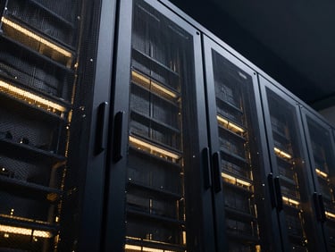 Abstract architectural detail of a modern data center exterior, strong geometric lines, high-contrast industrial lighting, deep navy tones.