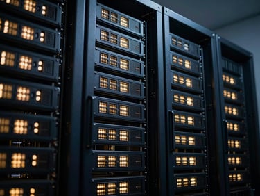 Close-up of a high-performance computing server rack, glowing lights, abstract technology, cool industrial tones, deep navy.