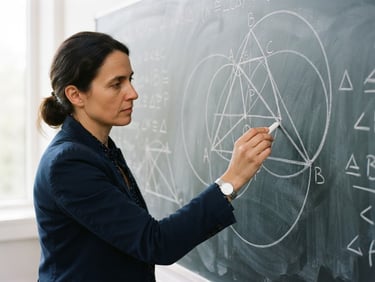 A close-up of a teacher drawing a precise geometric proof on a large slate whiteboard, bright natural daylight, structured composition, sharp focus, 35mm
