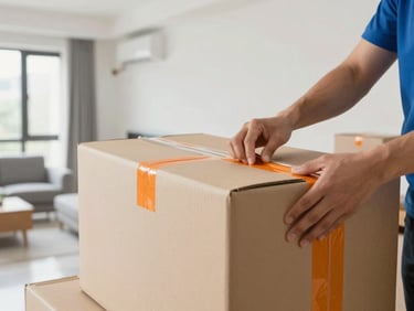 Close-up of hands securing heavy-duty moving boxes with clear orange tape, pristine apartment interior in the background, bright natural daylight.