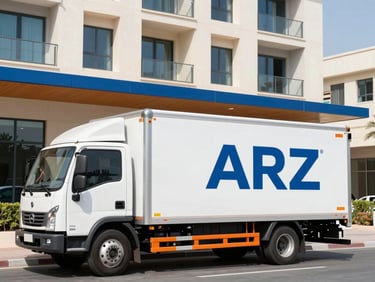 A clean, white ARZ Movers transport truck parked outside a modern Dubai apartment building, organized and ready for loading under bright daylight.