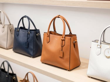 Close-up of structured leather bags and minimalist watches displayed on a clean wooden shelf, bright high-key retail photography, crisp shadows