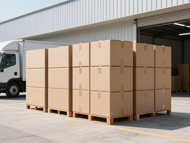 Bright high-key retail photography, clean natural daylight, a modern warehouse loading bay with neatly stacked cardboard boxes and a delivery truck, sharp focus