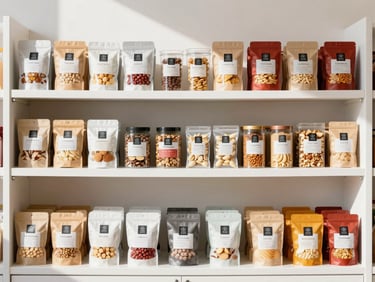 Neatly organized shelf display of premium packaged specialty foods and artisanal goods, bright high-key retail photography, crisp shadows