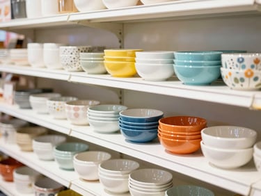 Bright high-key retail photography of a modern, organized retail shelf with curated home goods and accessories, natural daylight, crisp shadows, 35mm