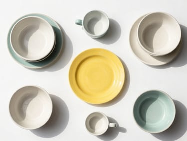 Top-down flat lay of modern ceramic kitchenware and minimalist home essentials on a white surface, bright high-key retail photography, crisp shadows