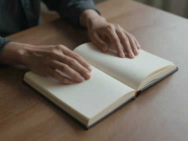 Hands resting on a closed journal on a plain desk, overcast morning light, muted clay tones, quiet and still, shot from above at slight angle