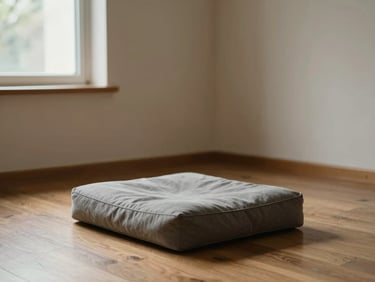 Empty meditation cushion in a corner of a bare room, soft diffused daylight from a window out of frame, wooden floor, no decoration, documentary stillness