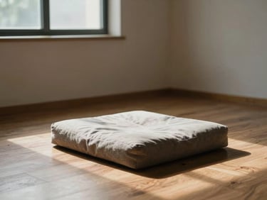 Empty meditation cushion on a bare wooden floor, soft overcast window light, shadows long and even, no person present, quiet room corner with plain walls