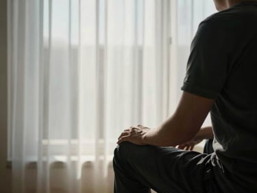 Person seated alone at a window from behind, morning light filtering through thin curtains, hands resting on knees, no face visible, quiet domestic space
