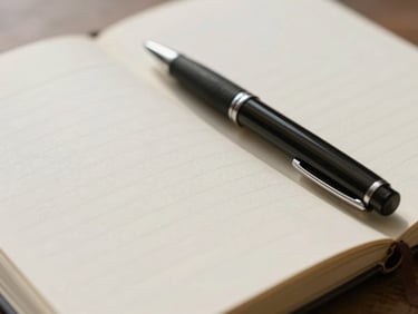 Close-up of an open notebook with handwritten notes in ink, a pen resting diagonally across the page, soft natural light from the left, texture of aged paper visible