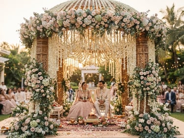 Wide-angle warm editorial photography of a grand wedding mandap decorated with thousands of fresh white jasmine and blush roses, soft golden-hour lighting, shallow depth of field, 35mm