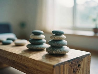 A quiet corner of a wellness room with smooth river stones stacked neatly on a natural wood block, soft-focus background, warm morning sun.