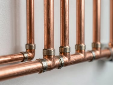 Crisp close-up of clean, neatly arranged copper plumbing pipework with perfect solder joints, illuminated by bright work-light against a clean wall background.