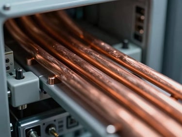 Macro close-up of pristine copper busbars inside a high-security data center power distribution panel, cool-toned technical lighting.