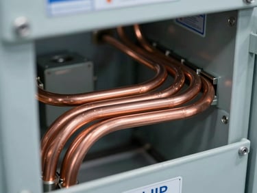 Close-up of pristine copper busbars inside an IP-rated industrial electrical panel, sharp technical lighting, cool blue accents.