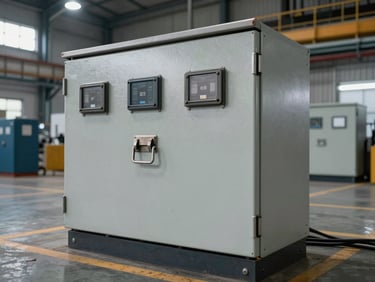Industrial factory floor background, sharp focus on a heavy-duty MCC electrical panel with robust metal latches, industrial lighting.