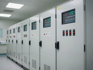 Clean interior of a hospital power plant room, showing a series of white low-voltage distribution boards, soft overhead lighting.