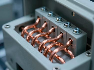 Macro shot of precise copper busbars inside an electrical panel enclosure, clean geometric alignment of bolts and terminal blocks, cool technical blue lighting, sharp depth of field.