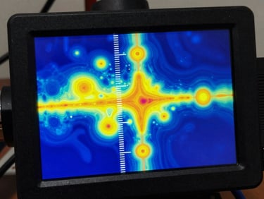 Thermal imaging camera screen displaying high-contrast heat distribution of electrical contacts, showing hot spots in yellow and cool areas in deep blue, precise temperature scale visible