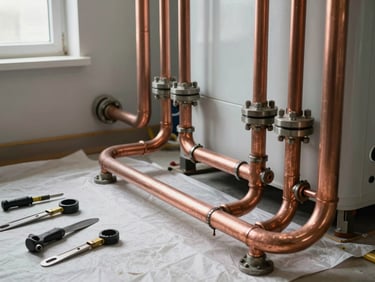 Wide shot of a clean boiler installation in progress — copper pipes neatly bent and soldered, tools laid out on a white floor cloth, natural daylight through a small window
