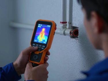 Thermal imaging camera display showing heat map of a wall pipe, technician's hands holding the device in a residential utility room, cool ambient light