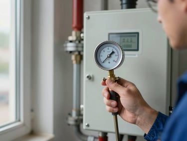 Close-up of a boiler service panel, technician's hand holding a pressure gauge against steel pipework, natural daylight from an adjacent window, no face