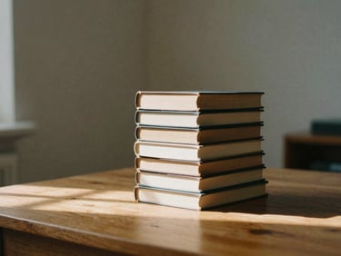 A stack of old, leather-bound books on a wooden desk, with a single ray of sunlight, symbolizing knowledge and continuous learning.