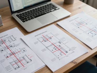 Overhead view of a desk with multiple printed process diagrams spread out, some pages annotated with red marker, a laptop open to a dashboard in the background, even studio daylight