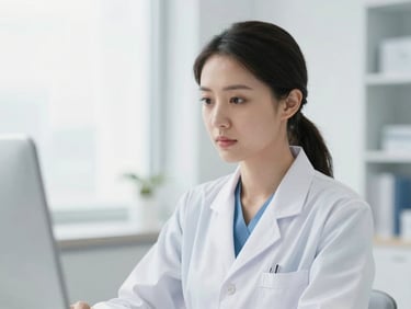 Medium portrait of a focused female specialist in a crisp white coat, bright diffused daylight, modern clinic setting, 50mm.