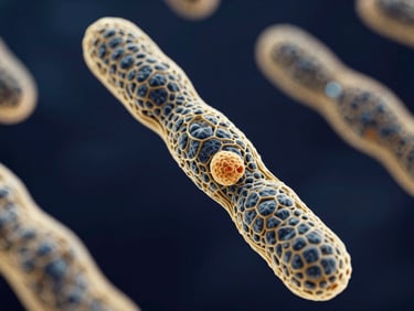 Crisp 3D scientific render of chromatin-level molecular structures, high-contrast dark-field microscopy lighting, deep navy background with gold accents, macro focus