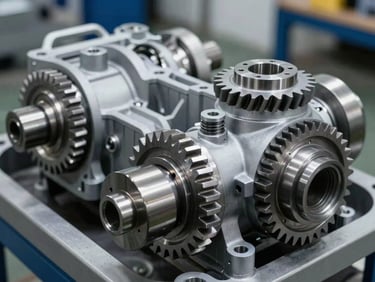 Close-up of clean metallic gear assemblies and zero-play gearboxes inside a modern transmission workshop
