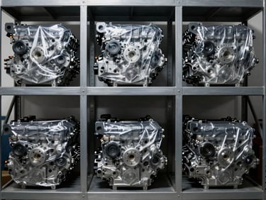 An organized warehouse rack of clean, shrink-wrapped used engines ready for freight shipping, industrial shelving