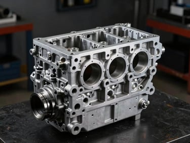 A pristine reconditioned engine block inside a clean workshop, high-contrast industrial studio lighting, sharp focus, 50mm lens.