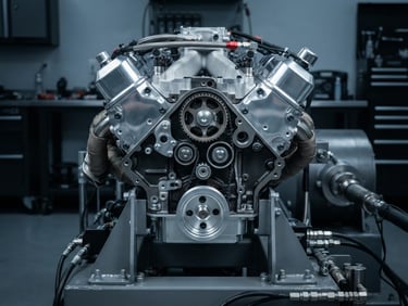 Straight-on technical product shot of a pristine, rebuilt V8 engine block mounted on a clean steel dyno-testing rig in a cool-toned workshop, sharp focus on metallic gears and polished valve covers.